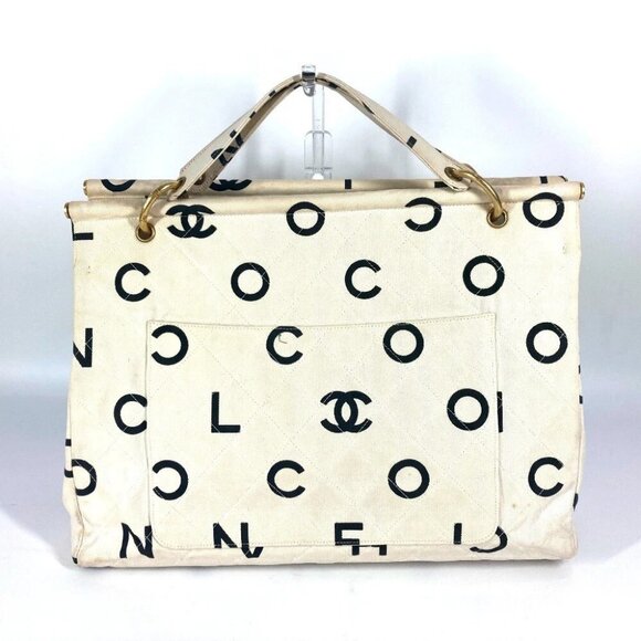 CHANEL vintage Logo pattern Bag Tote Bag Hand Bag Canvas White/Black - Picture 1 of 15